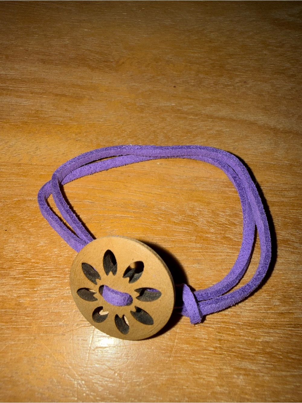 Girls Purple Suede Bracelet with Carved Wooden Medallion